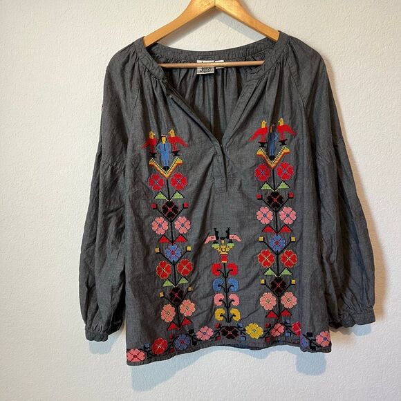 Ivy Jane Gray Floral Embroidered Long Sleeve Split Neck Blouse Women's Medium - Picture 1 of 6